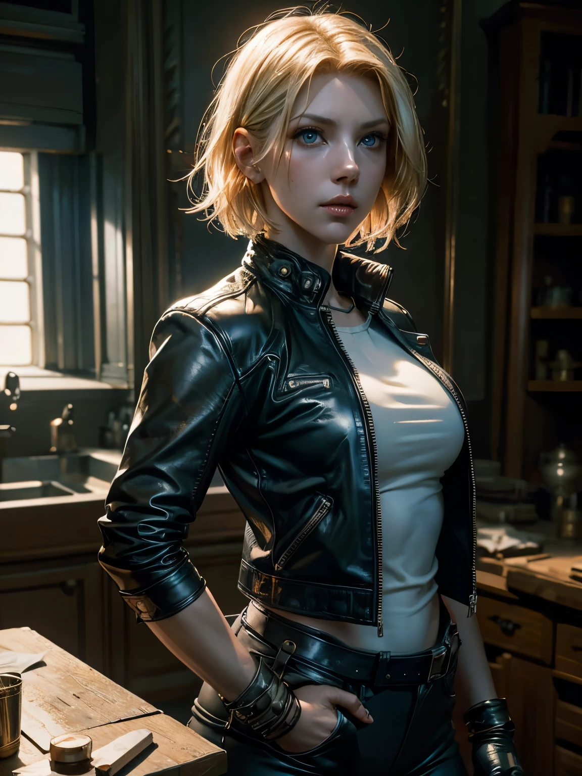 blonde short hair, vibrant blue eyes, white pale skin, portrait, full leather clothes, rocker clothes, (Shy), elegant, gorgeous face, mechanical workshop scenario, motorbiker scene High detail RAW colored art, (detailed skin, skin texture), (muscle), intricate details, fine details, hyperdetailed, ray tracing, subsurface scattering, diffuse soft lighting, shallow depth of field, by (Oliver Wetter) Atey Ghailan, by Jeremy Mann, Greg Manchess, Antonio Moro, trend at ArtStation, trend at CGSociety, Intricate, High Detail, Sharp focus, dramatic and photorealistic painting art by midjourney and greg rutkowski, bokeh in the background, motorbiker club jacket, best quality, masterpiece, only 1girl, Halfbody portrait, natural bright ambient, look at the viewer, t-shir, leather pantss, leather jacket, harley motorbike