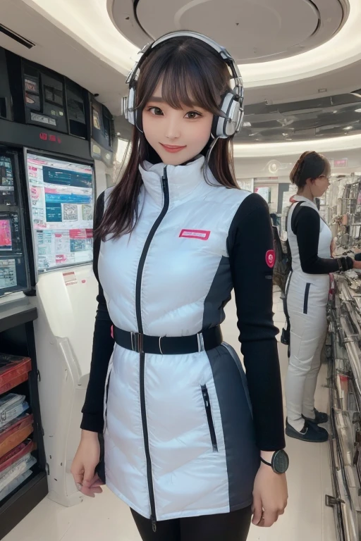 masterpiece, Highest quality, Very detailed, 8K Portrait,Japanese Android Girl,plump , Control panel,Robotic arms and legs, Blunt bangs,,break (Metallic Gray, Metallic luster, Mirror finish, Astro Best):5,headphone:5,break (Black sleeves):100,Smart Watches,Futuristic space station,Control Room,break headphone,blue eyes,(Black Hair):2,(Long Hair):1.3,Displaying the viewer,(respirator),break blush:3,Hidden Hand,smile