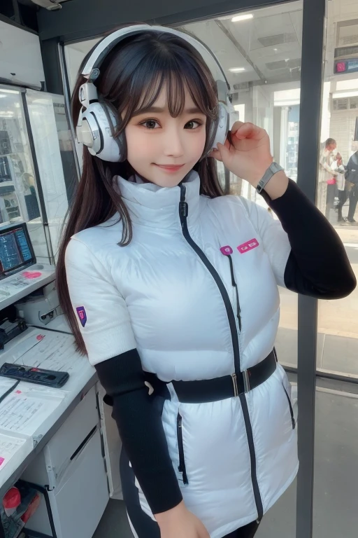 masterpiece, Highest quality, Very detailed, 8K Portrait,Japanese Android Girl,plump , Control panel,Robotic arms and legs, Blunt bangs,,break (Metallic Gray, Metallic luster, Mirror finish, Astro Best):5,headphone:5,break (Black sleeves):100,Smart Watches,Futuristic space station,Control Room,break headphone,blue eyes,(Black Hair):2,(Long Hair):1.3,Displaying the viewer,(respirator),break blush:3,Hidden Hand,smile