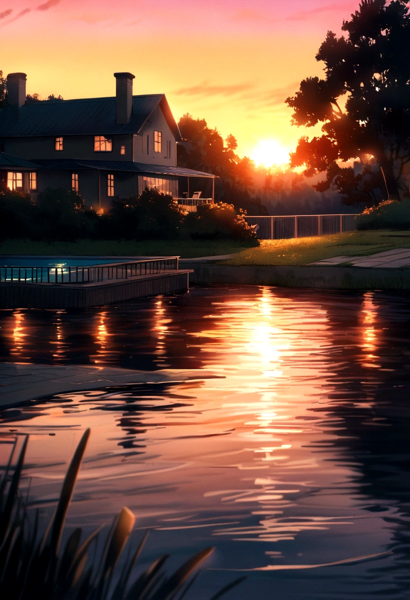 big house, on the sunset, next to a river, , and a big pool.