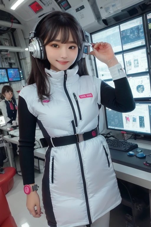 masterpiece, Highest quality, Very detailed, 8K Portrait,Japanese Android Girl,plump , Control panel,Robotic arms and legs, Blunt bangs,,break (Metallic Gray, Metallic luster, Mirror finish, Astro Best):5,headphone:5,break (Black sleeves):100,Smart Watches,Futuristic space station,Control Room,break headphone,blue eyes,(Black Hair):2,(Long Hair):1.3,Displaying the viewer,(respirator),break blush:3,Hidden Hand,smile