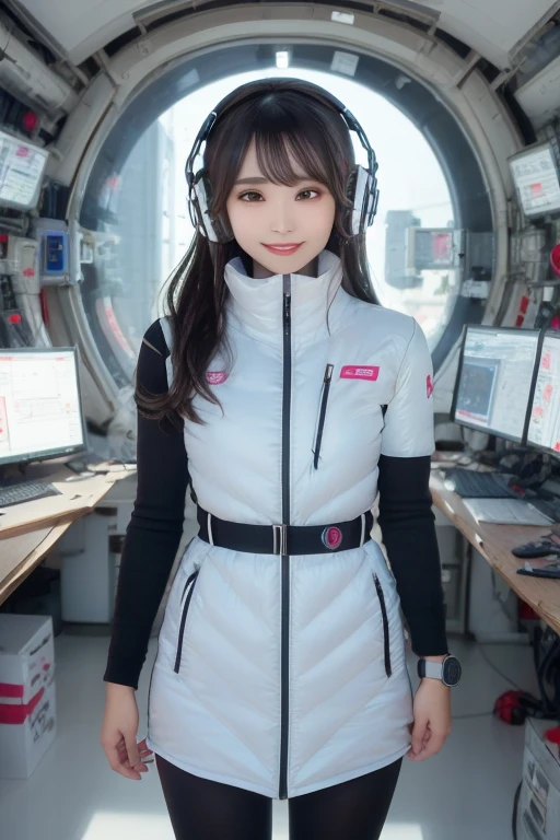 masterpiece, Highest quality, Very detailed, 8K Portrait,Japanese Android Girl,plump , Control panel,Robotic arms and legs, Blunt bangs,,break (Metallic Gray, Metallic luster, Mirror finish, Astro Best):5,headphone:5,break (Black sleeves):100,Smart Watches,Futuristic space station,Control Room,break headphone,blue eyes,(Black Hair):2,(Long Hair):1.3,Displaying the viewer,(respirator),break blush:3,Hidden Hand,smile