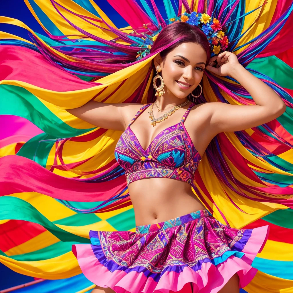 Create a vibrant and colorful image for the cover of the single "Ritmo de la Noche" by the Latin singer Valentina. The image should feature Valentina in a festive and tropical setting, reflecting the energy and passion of her music.

Setting: A beach at sunset with palm trees, hanging party lights, and a bonfire in the background. The sky should be in shades of orange, pink, and purple, creating a warm and welcoming atmosphere.

Valentina:

Appearance: A 25-year-old woman with long, wavy hair dyed a vibrant shade of red. She has a confident and radiant expression.
Outfit: Valentina is wearing a colorful and modern outfit that mixes traditional Latin elements with contemporary trends. It could be a crop top and skirt with tropical prints, or a light, flowy dress.
Accessories: Large, flashy earrings, colorful bracelets, and perhaps a flower in her hair for a tropical touch.
Position: Valentina is in the center of the image, in an animated dance pose, perhaps with one hand raised and a contagious smile.
Additional Elements:

Add musical notes and geometric patterns around Valentina to represent the fusion of Latin rhythms.
Include the title of the single "Ritmo de la Noche" in a stylized font, with warm colors like red, orange, and yellow to evoke a sense of fire and passion.
Use a vibrant color palette of red, orange, pink, and blue to capture the energy and liveliness of Latin music.
Incorporate tropical elements like exotic flowers, shells, and gentle waves to enhance the festive and tropical atmosphere.