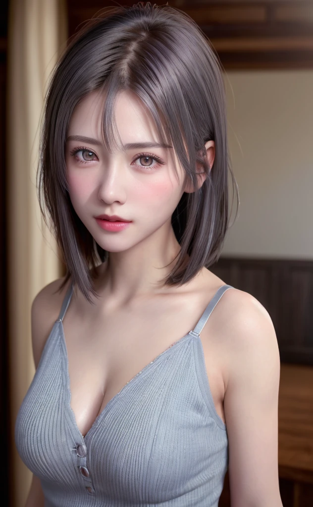 (8K, Photorealistic, Raw photo, of the highest quality: 1.3), (1girl in), Super beautiful, (Realistic face), (boyish, Silver Color Berry Shorthair), Beautiful , Glare that captivates the viewer, Beautiful expression, Beautiful breasts, (Realistic skin), Be...