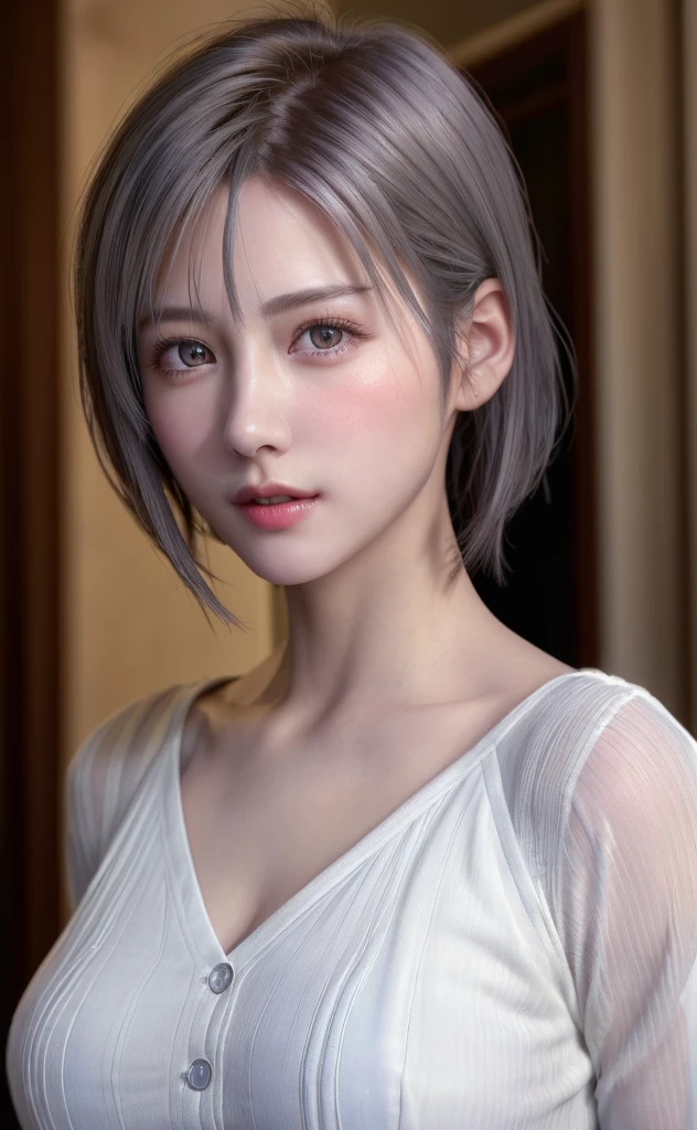 (8K, Photorealistic, Raw photo, of the highest quality: 1.3), (1girl in), Super beautiful, (Realistic face), (boyish, Silver Color Berry Shorthair), Beautiful , Glare that captivates the viewer, Beautiful expression, Beautiful breasts, (Realistic skin), Be...