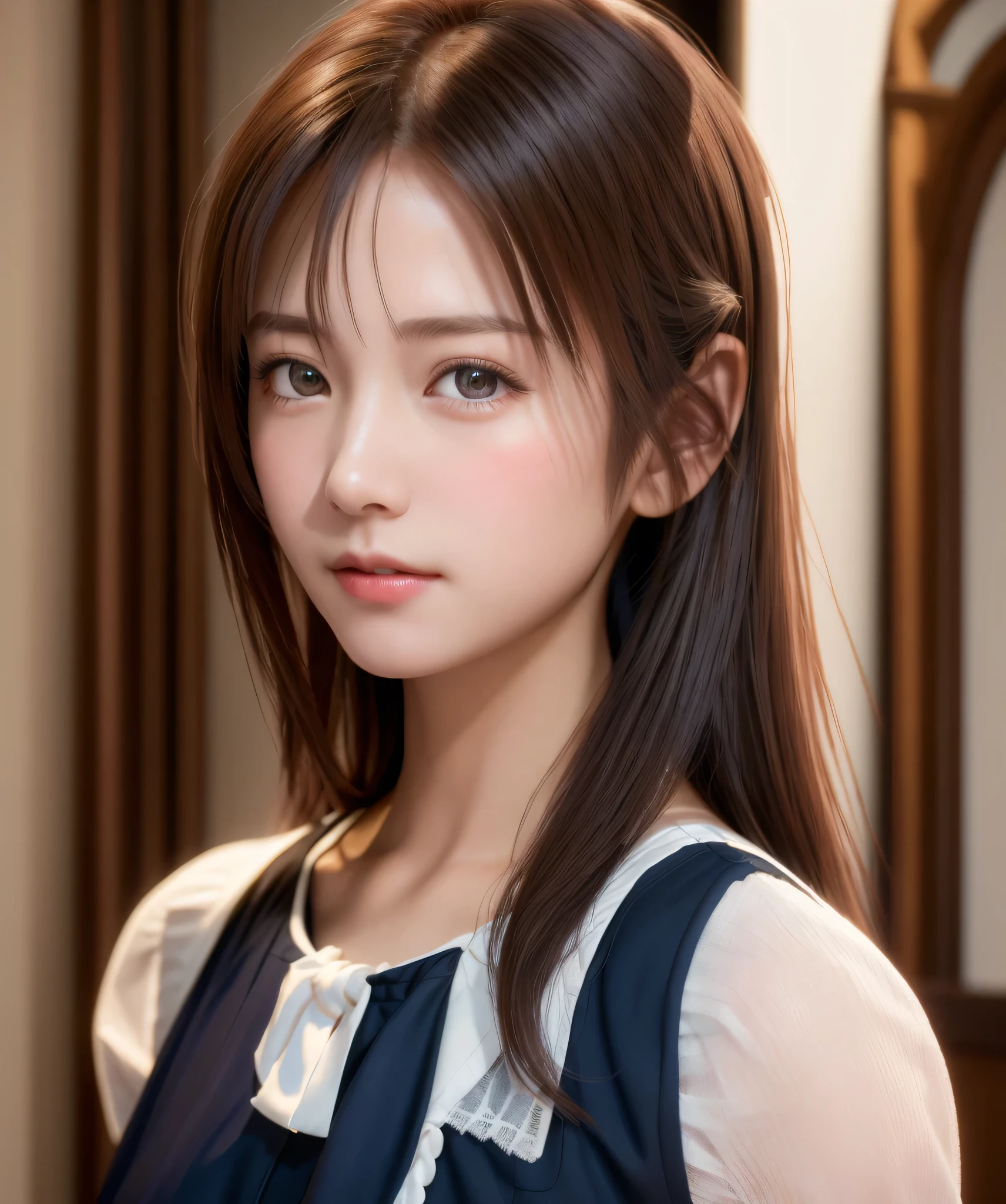 8K, of the highest quality, masutepiece:1.2), (Realistic, Photorealsitic:1.37), of the highest quality, masutepiece, Beautiful young woman, Pensive expression,、A charming、and an inviting look, Cute Maid Clothes, Hair tied back, Cinematic background, Light skin tone