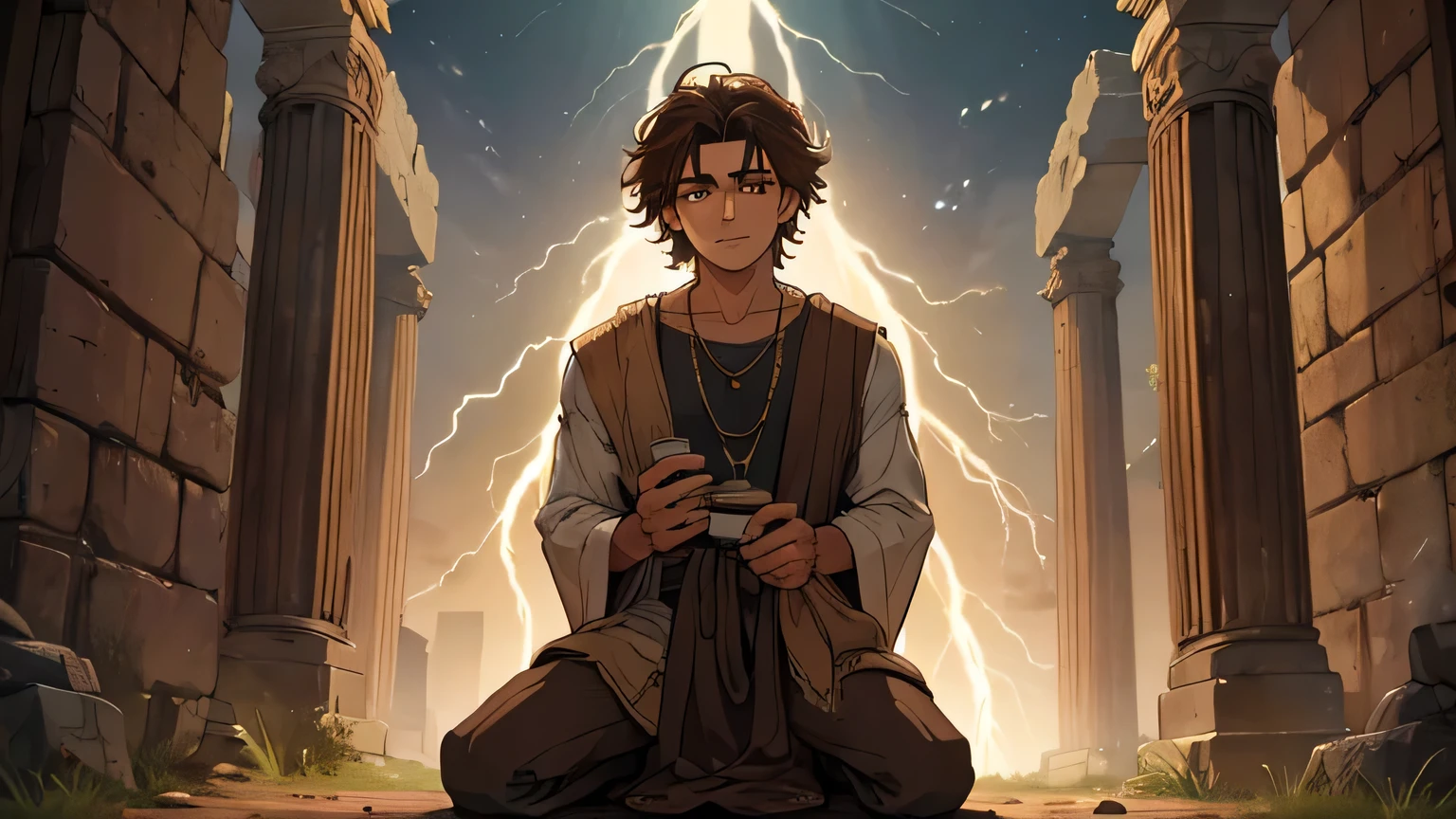 Prophet Joel, young man with short dark brown hair, and ancient poor man's clothing from the 1st century BC, dark brown, light brown eyes, 25 years old, on his knees looking at the sky, being illuminated by a divine lightning from heaven