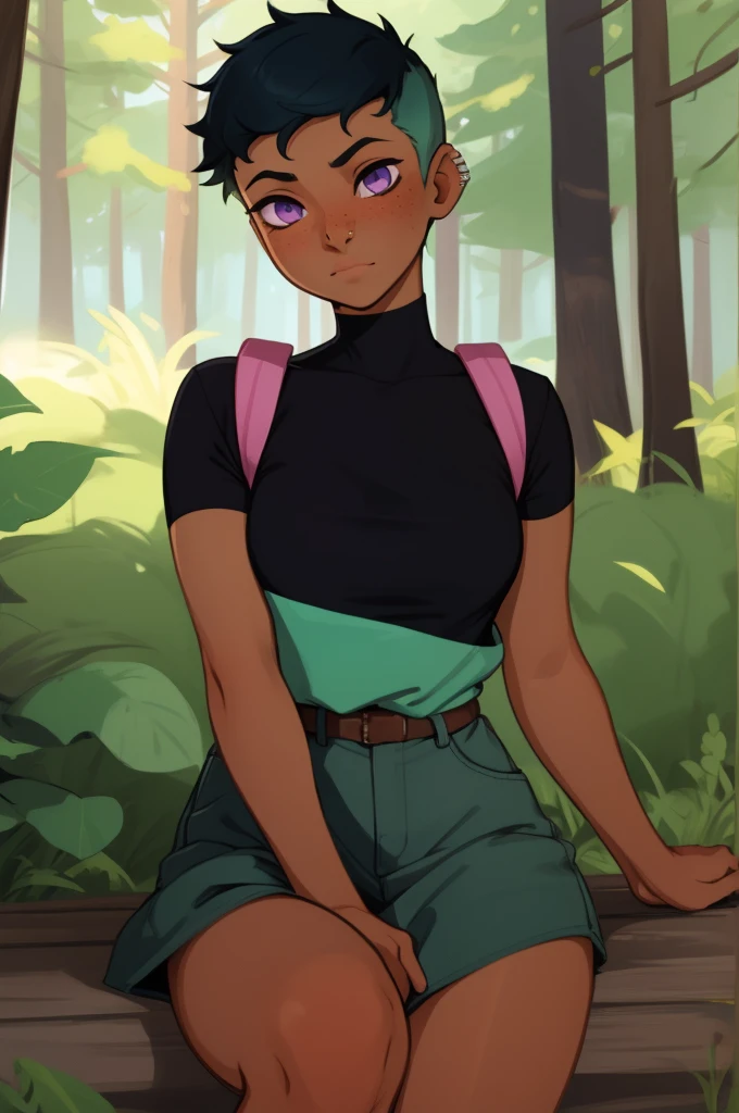 riley fairfeather, 18, 1 girl, solo, sunny day, forest, selfie, freckles, medium breasts, dark skin, dark-skinned female, purple eyes, short hair, green hair, multicolored hair, very short hair, black hair, undercut, gradient hair, two-tone hair, ear piercing, nose piercing, added cute pink filter, kawaii, super cute, adorable, masterpiece, best quality, 4k ultra hd, 
 