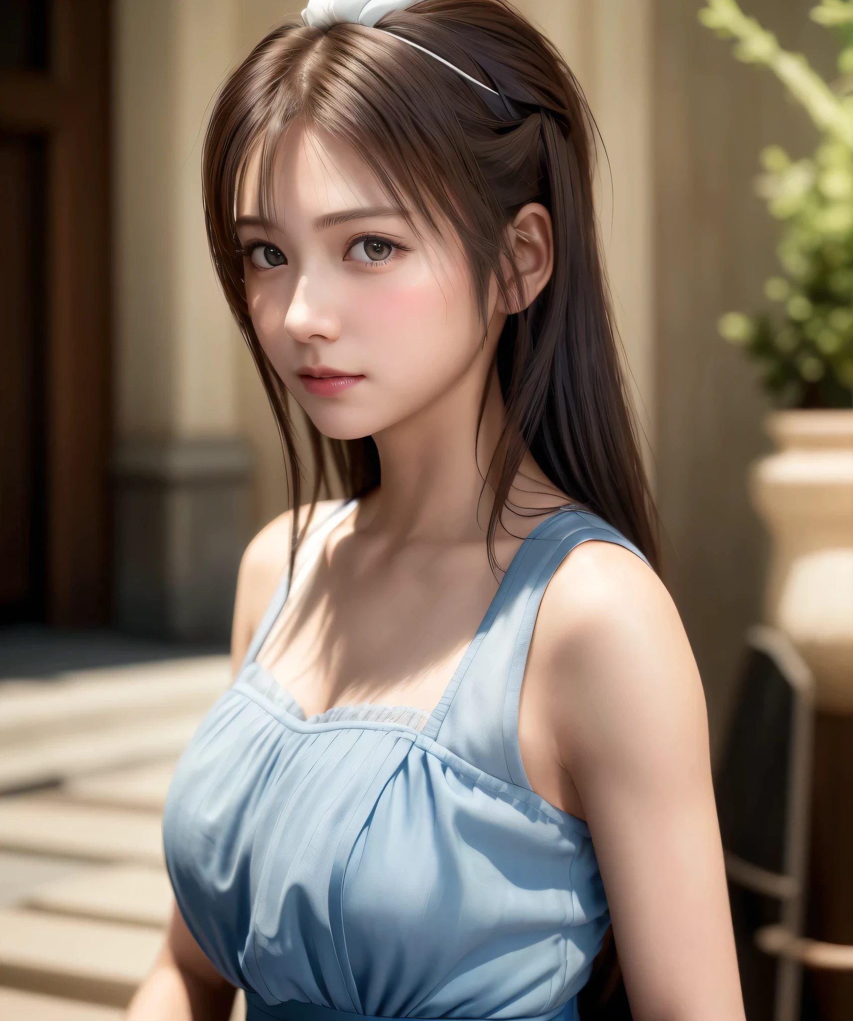 8K, of the highest quality, masutepiece:1.2), (Realistic, Photorealsitic:1.37), of the highest quality, masutepiece, Beautiful young woman, Pensive expression,、A charming、and an inviting look, Cute Maid Clothes, Hair tied back, Cinematic background, Light skin tone