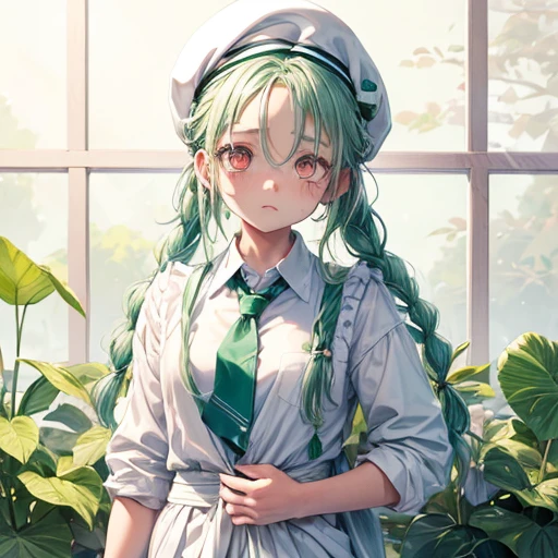 One girl, (Sagging under the eyes:1.5), Mint green hair, twin_Braiding, White Beret, White shirt, Floral tie　Making jam