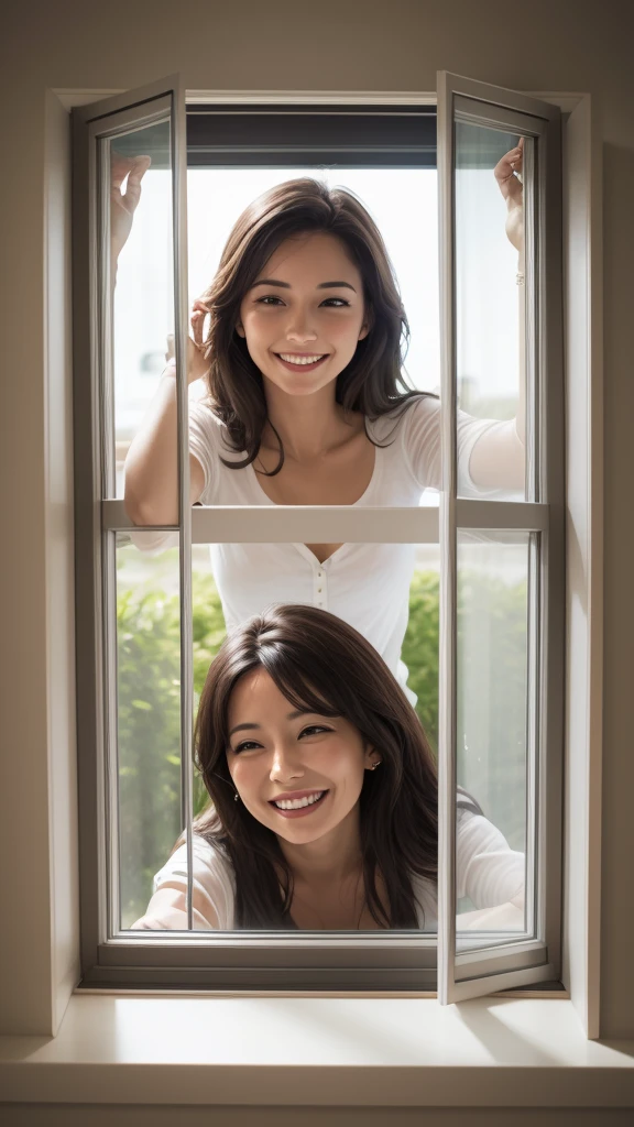 A smiling and passionate woman looking out the window 