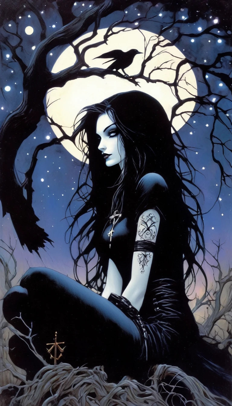 Sexy gothic girl, long black and straight hair, tight black t-shirt and jeans, small breasts, pale white skin tone, ankh symbol, a dark crow accompanies her, sitting under a tree with convoluted branches, magic, fantastic, night sky, moon , stars, background (simple oil painting in a Chris Bachalo style)