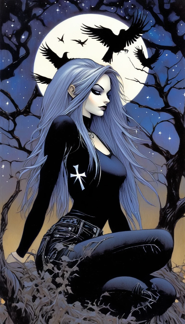 Sexy gothic girl, long black and straight hair, tight black t-shirt and jeans, small breasts, pale white skin tone, ankh symbol, a dark crow accompanies her, sitting under a tree with convoluted branches, magic, fantastic, night sky, moon , stars, background (simple oil painting in a Chris Bachalo style)
