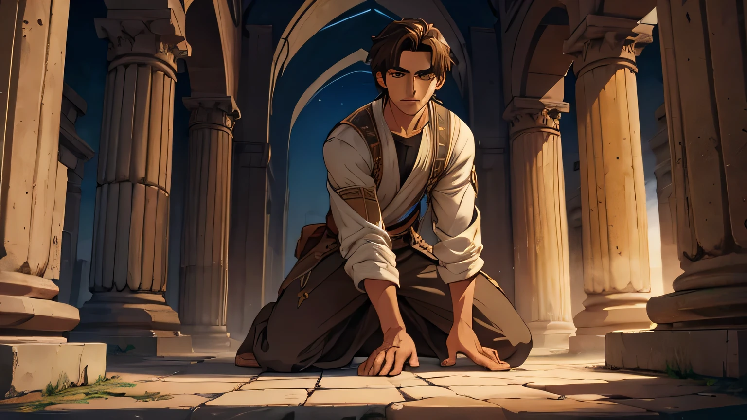 Prophet Joel, young man with short dark brown hair, and ancient poor man's clothing from the 1st century BC, dark brown, light brown eyes, 25 years old, kneeling looking at the sky, being illuminated by a divine ray of illumination from the sky