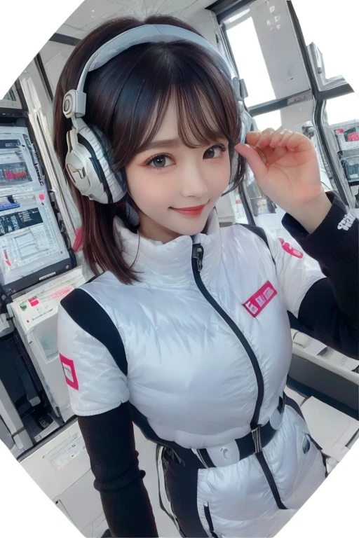 masterpiece, Highest quality, Very detailed, 8K Portrait,Japanese Android Girl,plump , Control panel,Robotic arms and legs, Blunt bangs,,break (Metallic Gray, Metallic luster, Mirror finish, Astro Best):5,headphone:5,break (Black sleeves):100,Smart Watches,Futuristic space station,Control Room,break headphone,blue eyes,(Black Hair):2,(Long Hair):1.3,Viewer Display,(respirator),break blush:3,Hidden Hand,smile