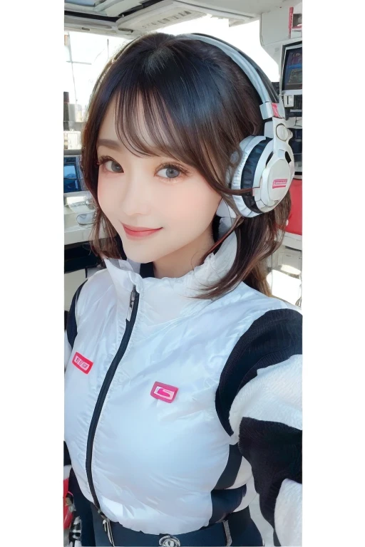 masterpiece, Highest quality, Very detailed, 8K Portrait,Japanese Android Girl,plump , Control panel,Robotic arms and legs, Blunt bangs,,break (Metallic Gray, Metallic luster, Mirror finish, Astro Best):5,headphone:5,break (Black sleeves):100,Smart Watches,Futuristic space station,Control Room,break headphone,blue eyes,(Black Hair):2,(Long Hair):1.3,Viewer Display,(respirator),break blush:3,Hidden Hand,smile