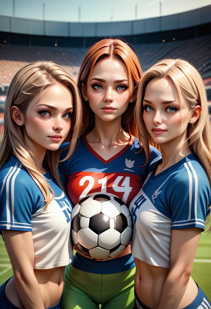 close up, 6 Women soccer team players, wearing the same color, different women, stadium background, 3d realistic anime,