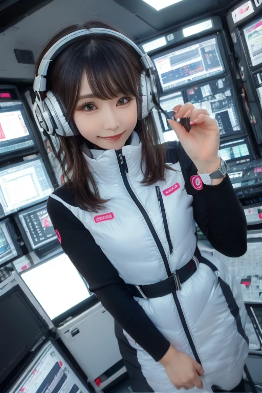 masterpiece, Highest quality, Very detailed, 8K Portrait,Japanese Android Girl,plump , Control panel,Robotic arms and legs, Blunt bangs,,break (Metallic Gray, Metallic luster, Mirror finish, Astro Best):5,headphone:5,break (Black sleeves):100,Smart Watches,Futuristic space station,Control Room,break headphone,blue eyes,(Black Hair):2,(Long Hair):1.3,Displaying the viewer,(respirator),break blush:3,Hidden Hand,smile