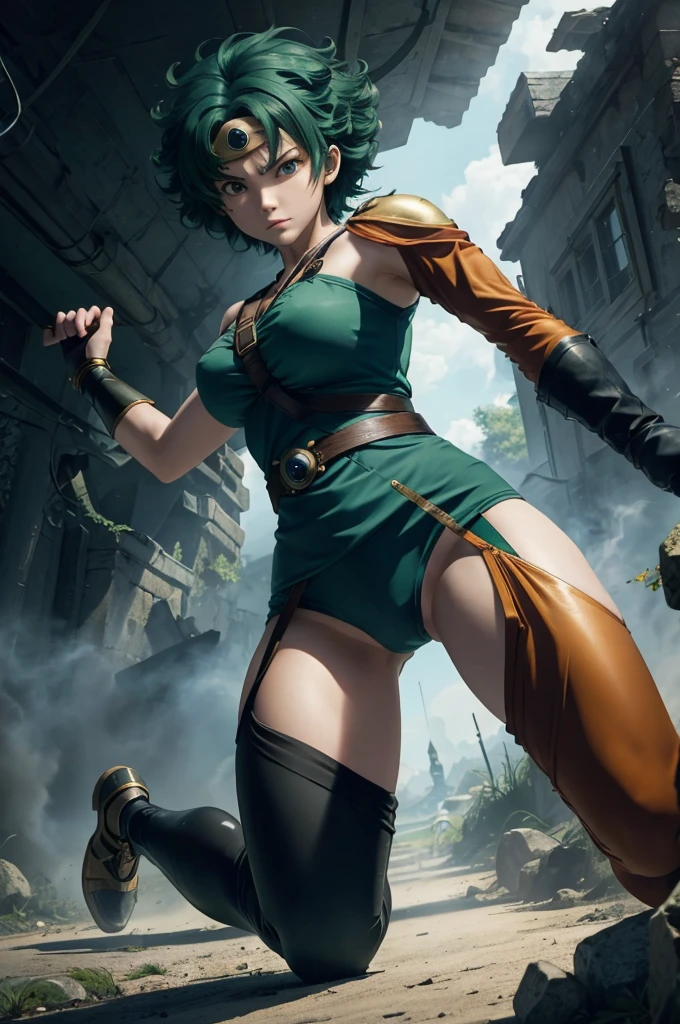 Animation worksAnime works masterpieces,most、high quality, Unreal Engine, Ultra-high resolution, Very detailed丸い胸, Medium bust 1 person, waist, Thin,(muscular:0.9)
Actress,
ring, curls, Green hair, short hair, Asymmetrical cloThing, tights, sash, One-handed gloves, single sleeve, single thigh high hole, Holding a sword, . anime style, key point, energetic, Studio anime, Very detailed、 my life is about to run out. broken equipment. Kneel down on one knee. Under enemy fire.The tights is torn to pieces.