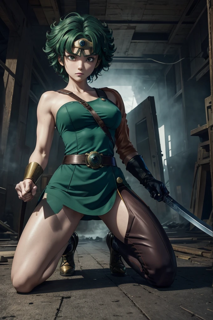 Animation worksAnime works masterpieces,most、high quality, Unreal Engine, Ultra-high resolution, Very detailed丸い胸, Medium bust 1 person,  waist, Thin,(muscular:0.9)
Actress, 
ring, curls, Green hair, short hair, Asymmetrical cloThing, tights, sash, One-handed gloves, single sleeve, single thigh high hole, Holding a sword, . anime style, key point, energetic, Studio anime,  Very detailed、　my life is about to run out. broken equipment. Kneel down on one knee. Under enemy fire.The tights is torn to pieces.