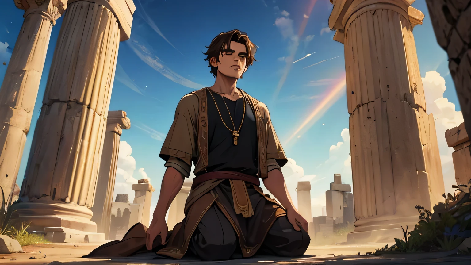 Prophet Joel, young man with short dark brown hair, and ancient poor man's clothing from the 1st century BC, dark brown, light brown eyes, 25 years old, kneeling looking at the sky, being illuminated by a divine ray of illumination from the sky
