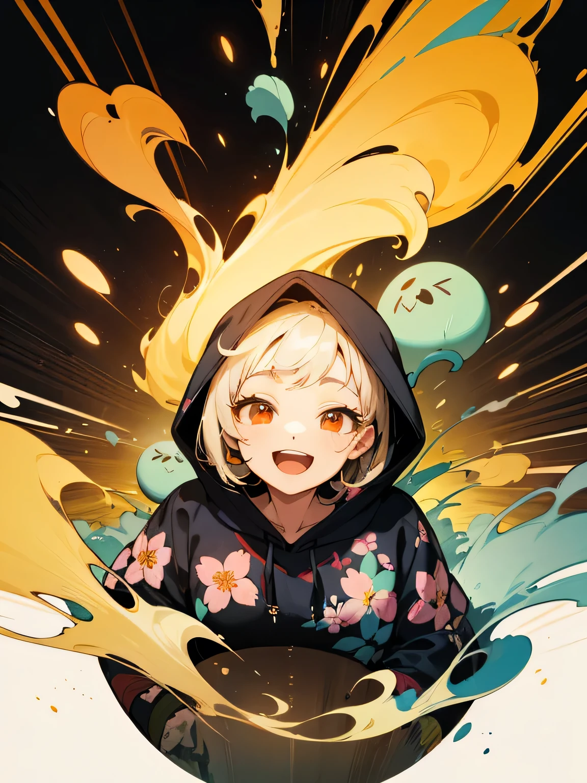masterpiece, ultra-high quality, ( ultra detailed original illustration),( joyful facial expression, red eye, short hair, smile, open mouth, perfect body), ((street wear,hoodie fashion)), ((flowers sakura)(graffiti)), double exposure, fussion of fluid abstract art, glitch, ( 2d), ( original illustration composition), ( fusion of limited color, maximalism artstyle, geometric artstyle, fire, junk art), yellow theme, background black