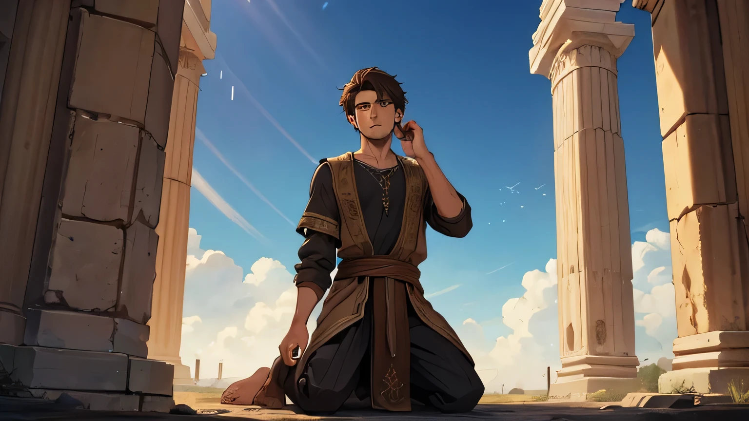 Prophet Joel, young man with short dark brown hair, and ancient poor man's clothing from the 1st century BC, dark brown, light brown eyes, 25 years old, kneeling looking at the sky, being illuminated by a divine ray of illumination from the sky
