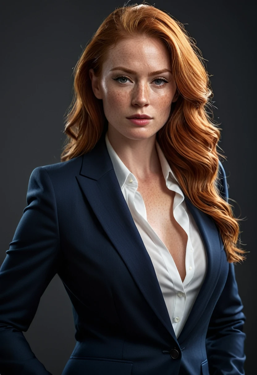 Full body shot, a beautiful, strong and confident woman, about 35 years old, with sharp facial lines, a strongly defined jaw, very long ginger hair, ginger, face full of (freckles:0.9), professional lawyer, realistic, ultra-detailed, (best quality,8k,highres,masterpiece:1.2),ultra-detailed,(realistic,photorealistic,photo-realistic:1.37),dramatic lighting, dramatic pose, business attire, mafia boss, dangerous, attractive, cinematic hollywood style. revealing cleavage.