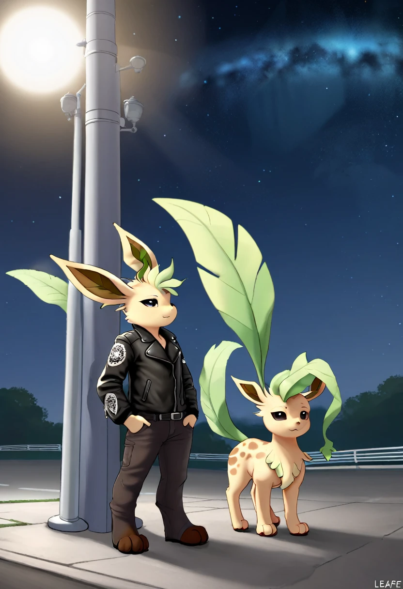 Pokemon Leafeon with a tired look and dark spots under his eyes, you can see from him that he is tired. He is wearing a biker jacket. He has four paws on two he stands, and on the second there is a leather jacket. He stands leaning against a lamppost, which illuminates the space below him. The background should be black, in the light only the Leafeon and the sidewalk on which it stands