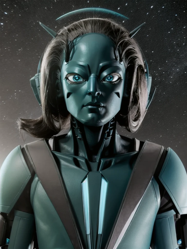 sci-fi character, a humanoid extraterrestrial, with porous blue-gray skin, small emerald green eyes, no nose, a half-triangular face and long hair