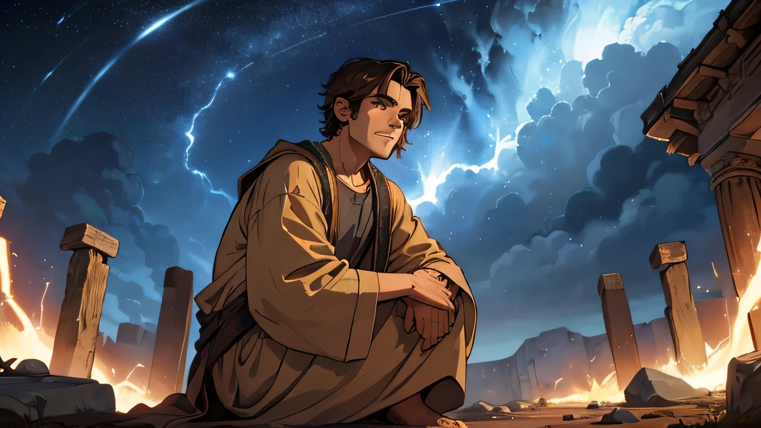 Prophet Joel, young man with short dark brown hair, and ancient poor man's clothing from the 1st century BC, dark brown, light brown eyes, 25 years old, on his knees looking at the sky, being illuminated by a divine lightning from heaven