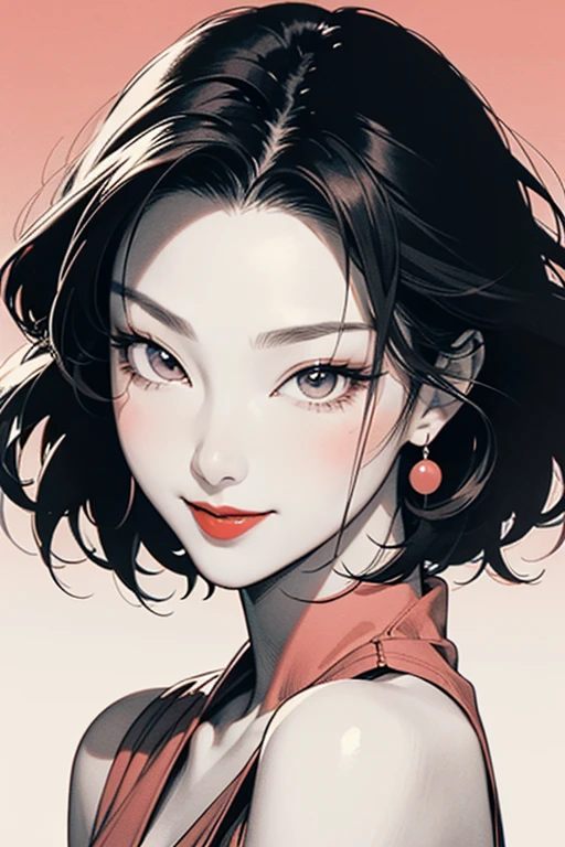 ((Manga illustration)), ((Maggie cheung)) close up portrait ,solo , medium short hair,  looking at viewer, blush , smile , happy , red lipstick,close up portrait, solo, focus on eyes, plain background, (in vector style), ((monochrome Manga drawing))