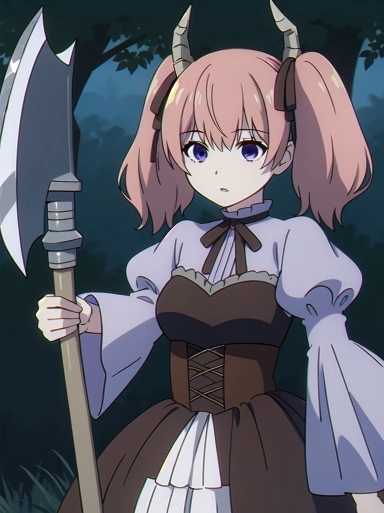 (((Best quality))),((Ultra-detailed)),((illustration)),((Disheveled hair)),((frilld)),(1 girl), 1girl,axe,bangs,battle axe,black dress,black ribbon,breasts,corset,demon horns,dress,eyebrows visible through hair,frills,gothic lolita,hair between eyes,hair ribbon,holding,holding axe,holding scythe,holding weapon,horns,juliet sleeves,long hair,long sleeves,looking at viewer,medium breasts,neck ribbon,parted lips,puffy sleeves,purple eyes ribbon,scythe,solo,twintails,underbust,upper body,weapon,wide sleeves,