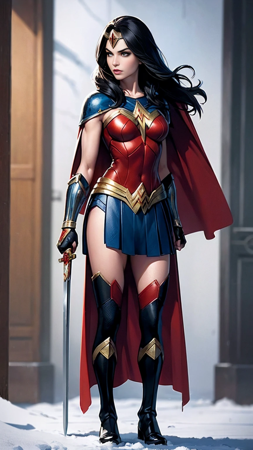 ((full body photo, standing)) masterpiece, best quality, 1girl, veronica, (((full body photo))) 1 girl, Wonder Woman, bracelet, black hair, blurred, armband, breathing, cape, cowboy shot, depth of field, restraint, gun restraint, lasso, looking at viewer , parted lips, pommel, realistic, reverse grip, shield, skirt, snow, neveing, alone, superhero, sword, tiara, toned, weapon, weapon behind back, ((work of art))
