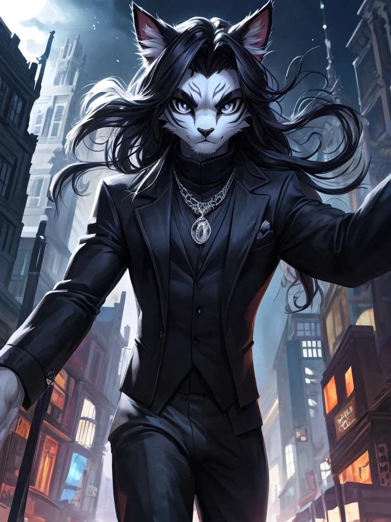 Ross Tran, ruan jia, trending on artstation, Male, (Male anthro cat:1.3), (Black fur with white fur patterns:1.1), (walking towards viewer:1.3), (Foggy night city:1.23), (Blank expression:1.3), detailed eyes, black nose, (detailed eyes), (sharp white eyes), detailed background, 8k hd, (dark shadows, wide dynamic range, hdr, low light:1.2), (Skinny physique), slight black eyeshadow, (Long wavy black hair), (black long coat, black turtleneck, silver necklace, black dress pants), ((Gothic)), dynamic pose, Facial close-up