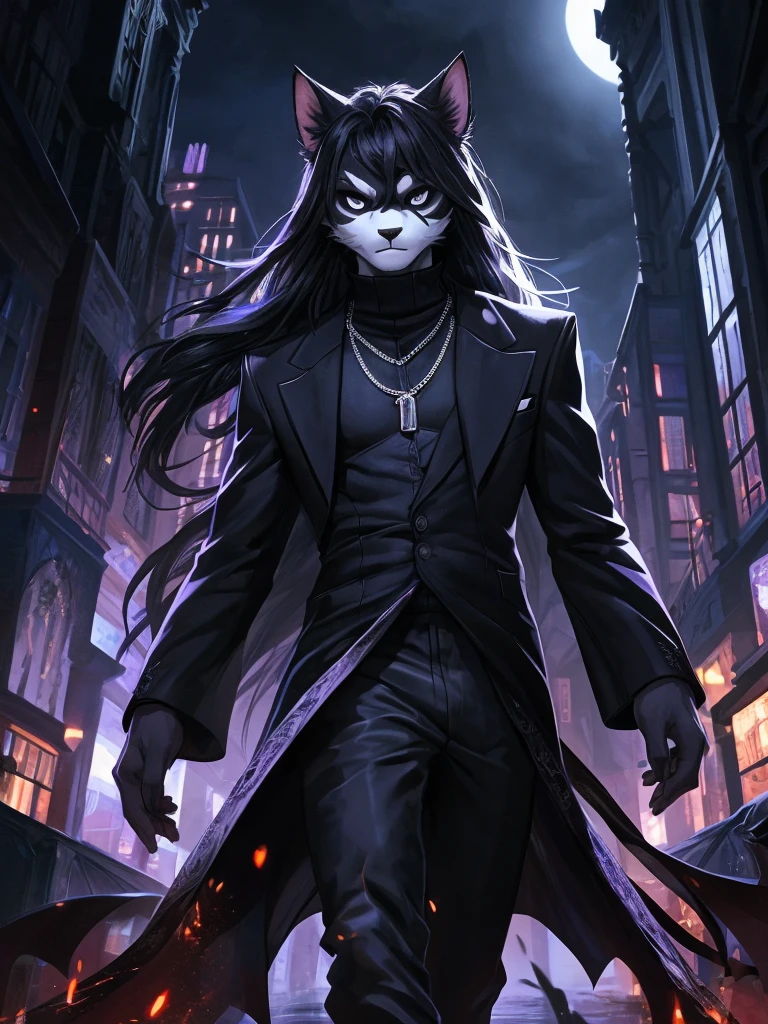 Ross Tran, ruan jia, trending on artstation, Male, (Male anthro cat:1.3), (Black fur with white fur patterns:1.1), (walking towards viewer:1.3), (Foggy night city:1.23), (Blank expression:1.3), detailed eyes, black nose, (detailed eyes), (sharp white eyes), detailed background, 8k hd, (dark shadows, wide dynamic range, hdr, low light:1.2), (Skinny physique), slight black eyeshadow, (Long wavy black hair), (black long coat, black turtleneck, silver necklace, black dress pants), ((Gothic)), dynamic pose, Facial close-up