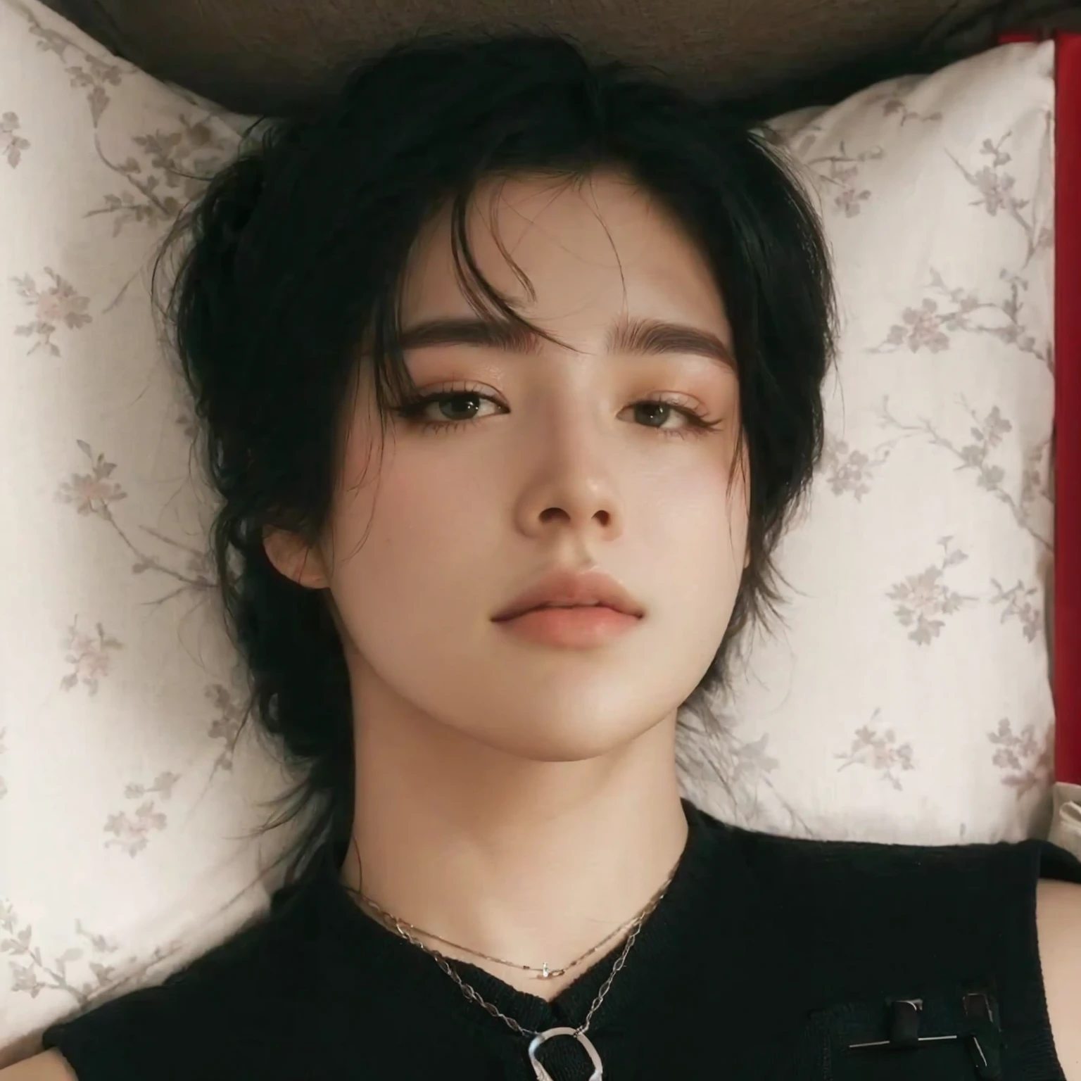 There&#39;s a man lying in bed with a necklace, park Jimin, accurate Jimin face, delicate androgynous prince, Jimin\the full lips, Jimin\the Greek nose