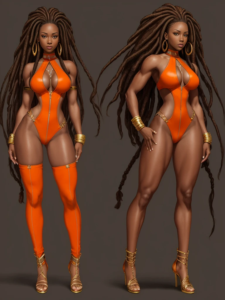 ((best quality)), ((4k)), ((highres)), ((masterpiece:1.2)). ((detailed)), ((ultra realistic)), ((character design sheet)), full body picture of a beautifull Ebony skinned female, black woman, dark skin, ebony princess, perfect face, detailed eyes, detailed lips, about 25 years old, about 5'7 ft. tall, long dreadlocks down to her hips, ((emphasis on her long dreadlocks down to her hips)), pretty, feminine woman, toned body but not too muscular looking, dressed in a skin-tight sleeveless full body orange jumpsuit, ((emphasis on the skin-tight sleeveless full body orange jumpsuit)), showing cleavage, glamorous, strappy lace up high, fighting game character concept art, tekken character design, the king of fighters character concept, full bofy, full body concept art, full body art