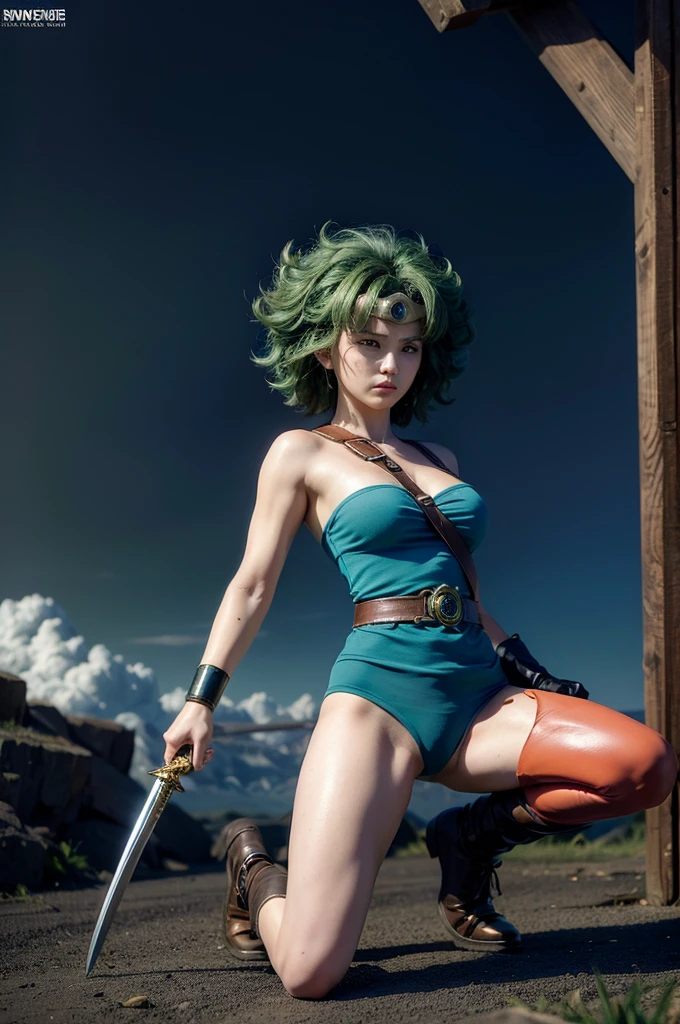 Animation worksAnime works masterpieces,most、high quality, Unreal Engine, Ultra-high resolution, Very detailed丸い胸, Medium bust 1 person, waist, Thin,(muscular:0.9)
Actress,
ring, curls, Green hair, short hair, Asymmetrical cloThing, tights, sash, One-handed gloves, single sleeve, single thigh high hole, Holding a sword, . anime style, key point, energetic, Studio anime, Very detailed、 my life is about to run out. broken equipment. Kneel down on one knee. Under enemy fire.The tights is torn to pieces.