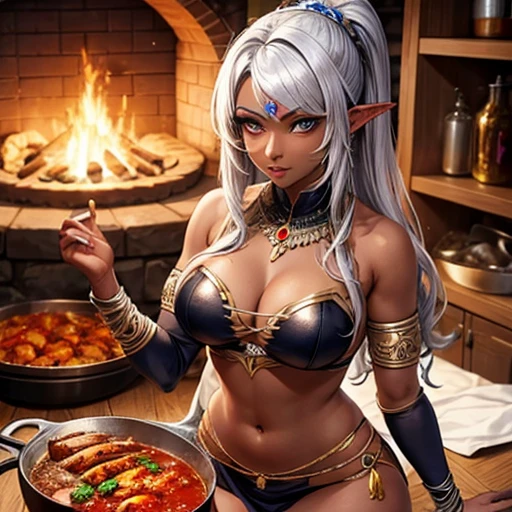 A dark elf woman with silver hair and brown skin., Making tandoori chicken.　Showing your belly button　Indian traditional clothing　Tandoori kettle　