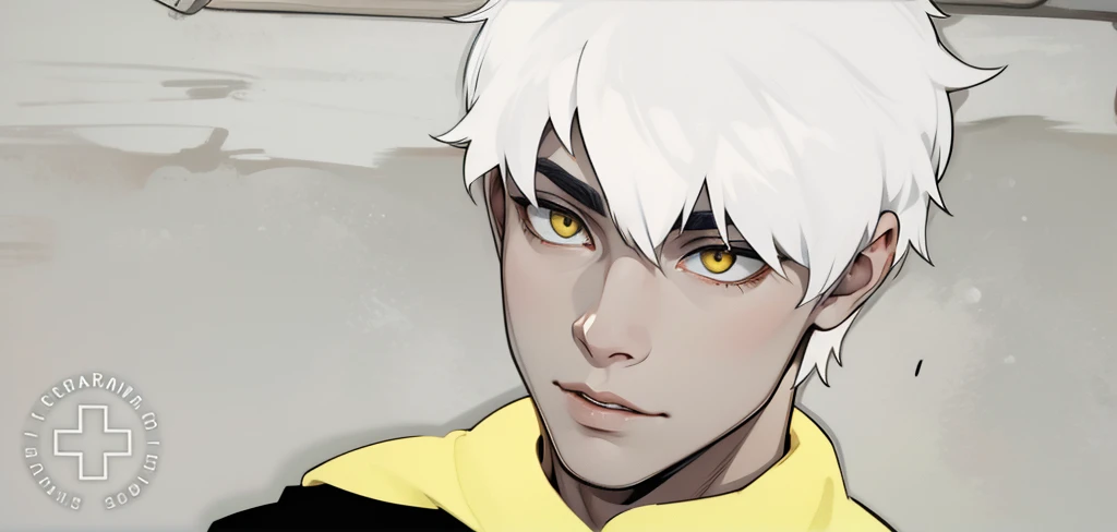 He is with his mouth open talking to someone white hair yellow eyes