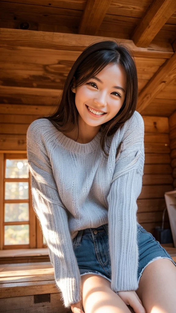 A smiling and passionate woman in a wooden cabin 