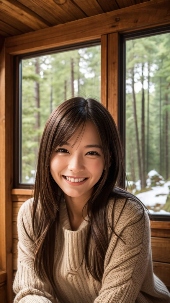 A smiling and passionate woman in a wooden cabin 