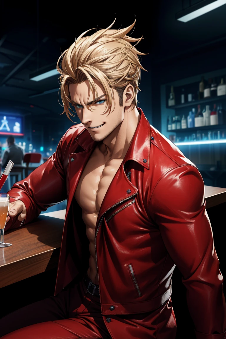 a portrait of eletric sinclair sitting at a bar in an android nightclub, wearing a red leather jacket, with an evil grin, (masterpiece),(best quality),(detailed),(8k),(highres),(wallpaper),(cinematic lighting),(sharp focus),(complex)