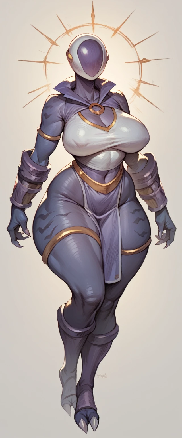 Furry character with ultra large breasts, full body, wide hips, milf woman, very big fat body, fantasy, breasts the size of her body, pokemon character, yellow and purple in fantasy armour