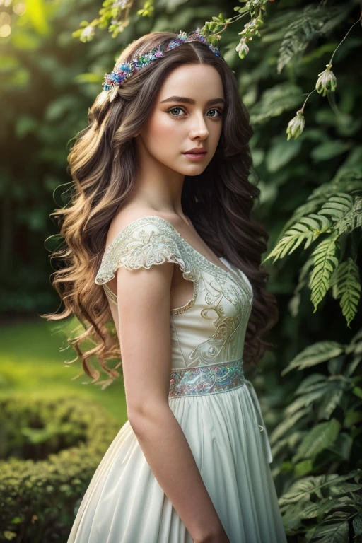 a beautiful doll with long curly hair below the waist, porcelain skin, delicate facial features, wearing a detailed ornate dress, standing in a lush garden, (best quality,4k,8k,highres,masterpiece:1.2),ultra-detailed,(realistic,photorealistic,photo-realistic:1.37),intricate details,HDR,UHD,studio lighting,extremely detailed eyes and face,longeyelashes,detailed flowers,detailed foliage,vibrant colors,cinematic lighting,dramatic shadows,elegant,whimsical