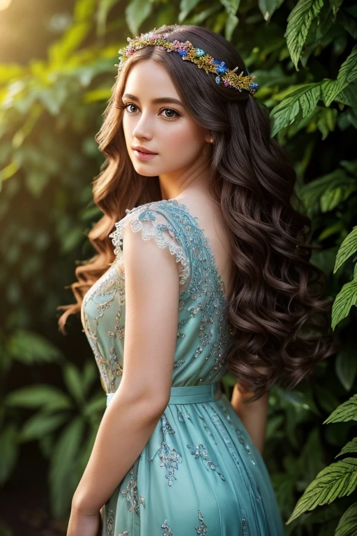 a beautiful doll with long curly hair below the waist, porcelain skin, delicate facial features, wearing a detailed ornate dress, standing in a lush garden, (best quality,4k,8k,highres,masterpiece:1.2),ultra-detailed,(realistic,photorealistic,photo-realistic:1.37),intricate details,HDR,UHD,studio lighting,extremely detailed eyes and face,longeyelashes,detailed flowers,detailed foliage,vibrant colors,cinematic lighting,dramatic shadows,elegant,whimsical