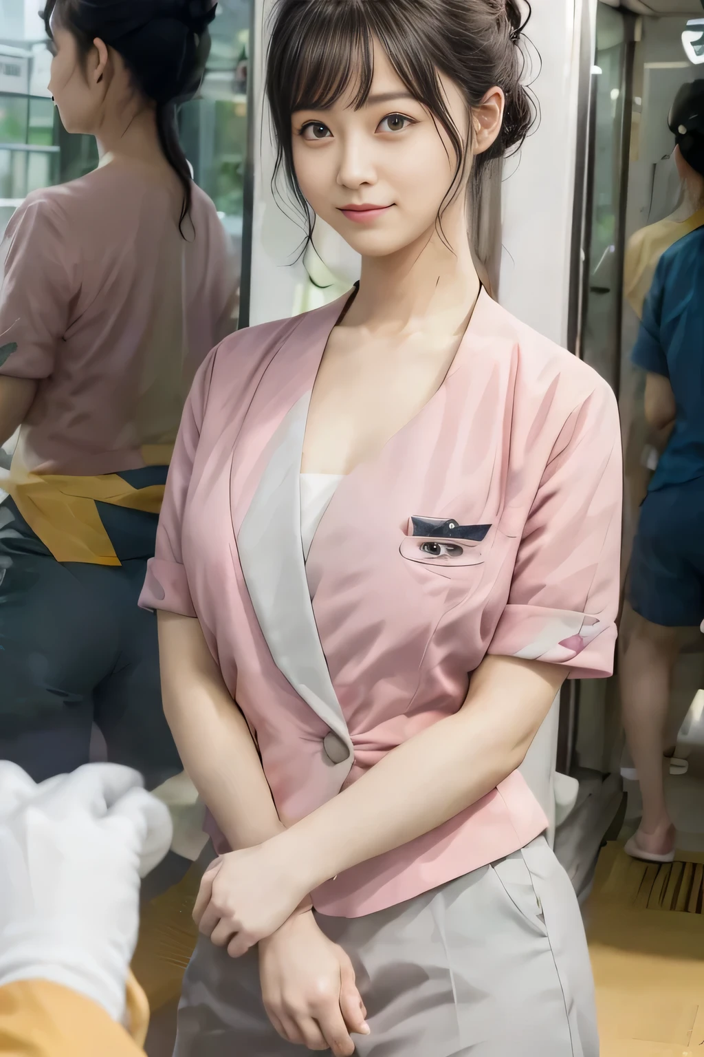 (masterpiece:1.2, Highest quality:1.2), 32k HDR, High resolution, (alone、1 girl)、 (Height: 160cm)、（On the rooftop of a building in the daytime、Professional Lighting）、Building rooftop background、（Nankai train crew uniform pinkを着たリアルスタイル）、（Nankai train crew uniform pink short sleeve collarless pink jacket、Nankai Train Crew Uniform Pink Collarless Short Sleeve Blouse、Nankai Train Crew Uniform Pink Grey Knee-length Culottes）、（The pink jacket is showing from the culottes.）、Dark brown hair、（Hair tied up、Hair tied up、Evening curly hairstyle）、Dark brown hair、Long Shot、Big Breasts、Thin legs、（（Great hands：2.0）），（（Harmonious body proportions：1.5）），（（Normal limbs：2.0）），（（Normal finger：2.0）），（（Delicate eyes：2.0）），（（Normal eyes：2.0））)、smile、（Nankai Train Crew Uniform Pink Grey Knee-length Culottesを見せた美しい歩く姿）、Place your hands around your stomach