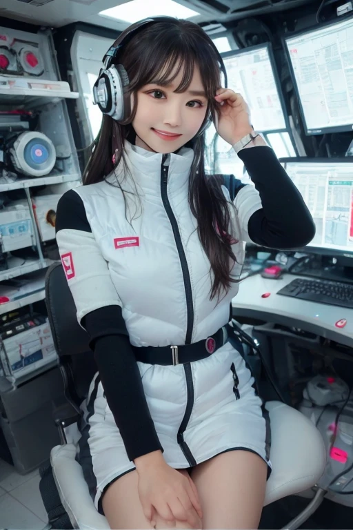 masterpiece, Highest quality, Very detailed, 8K Portrait,Japanese Android Girl,plump , Control panel,Robotic arms and legs, Blunt bangs,,break (Metallic Gray, Metallic luster, Mirror finish, Astro Best):5,headphone:5,break (Black sleeves):100,Smart Watches,Futuristic space station,Control Room,break headphone,blue eyes,(Black Hair):2,(Long Hair):1.3,Displaying the viewer,(respirator),break blush:3,Hidden Hand,smile
