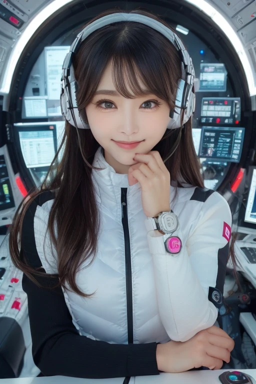 masterpiece, Highest quality, Very detailed, 8K Portrait,Japanese Android Girl,plump , Control panel,Robotic arms and legs, Blunt bangs,,break (Metallic Gray, Metallic luster, Mirror finish, Astro Best):5,headphone:5,break (Black sleeves):100,Smart Watches,Futuristic space station,Control Room,break headphone,blue eyes,(Black Hair):2,(Long Hair):1.3,Displaying the viewer,(respirator),break blush:3,Hidden Hand,smile